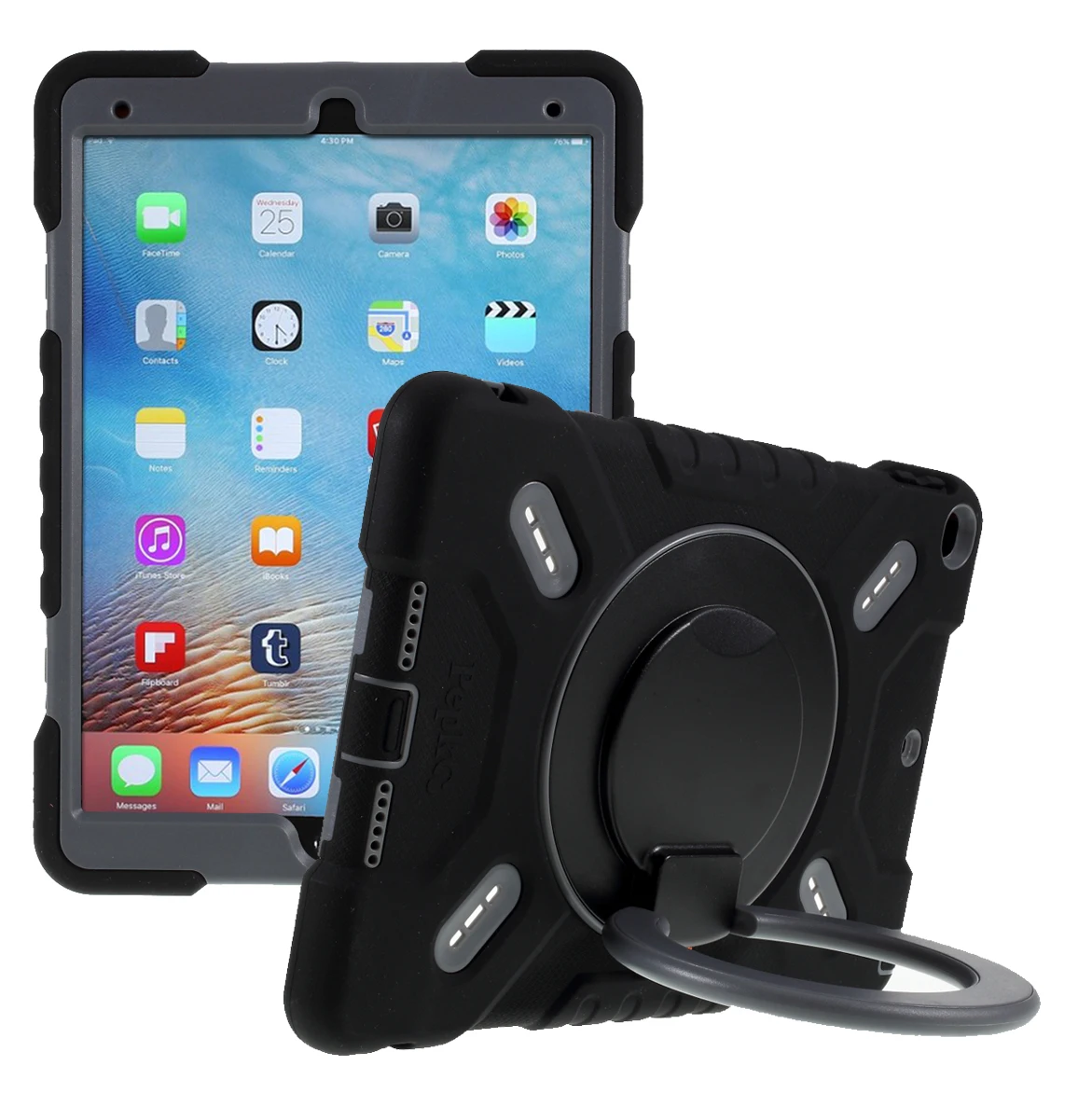 

PEPKOO For iPad 9.7-inch (2017) / (2018) 360 Degree Swivel Kickstand Tablet Case PC + Silicone Cover with Anti-Dust Plug - Black