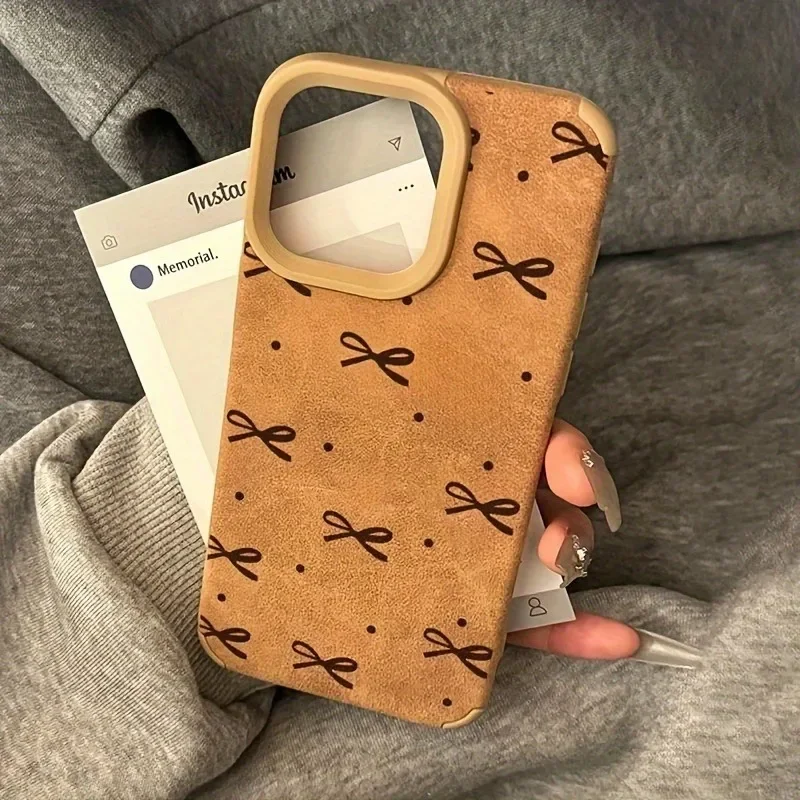 Dot Bowknot Faux Fur Matte Lambskin Leather Phone Case for iPhone 16 15 14 13 Pro Max 11 12 13 Pro X XR XS MAX 15 16 Plus Cover