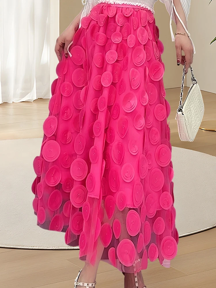 Yellow 3D Polka Dot Elegant Long Tulle Skirts Womens 2026 Summer Spring Fashion A-Line High Waisted Elastic Midi Mesh Skirt Tutu