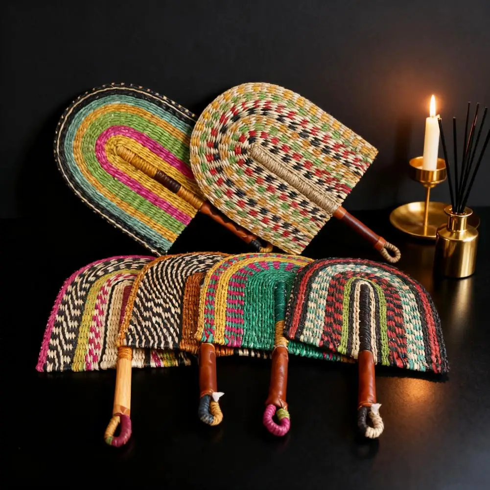 Handmade Straw Weaving Fan Natural Sea Grass Raffia Fan With Long Handle Semiellipse Woven Fan Summer Wall Hanging Decoration