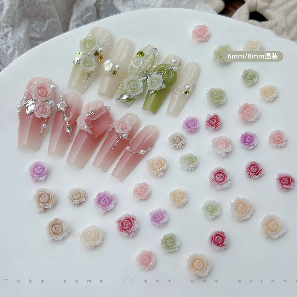 50Pcs 3D Pink Rose Nail Art Charms Japanese Kawaii Resin Camellia Flower Nail Rhinestones Exquisite Flower DIY Nail Accessories
