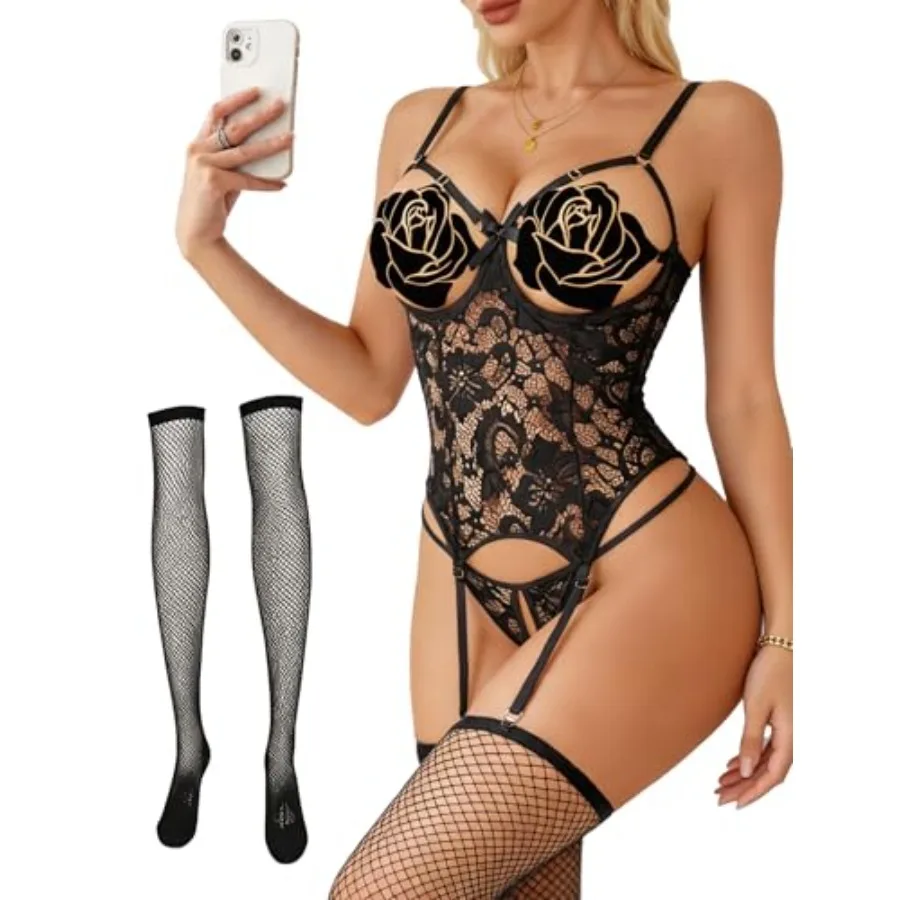 

Avidlove Lingerie Sets for Women Underwire Lingerie Sexy Lace Cutout Bodysuit Garter Teddy with Fishnet Stockings