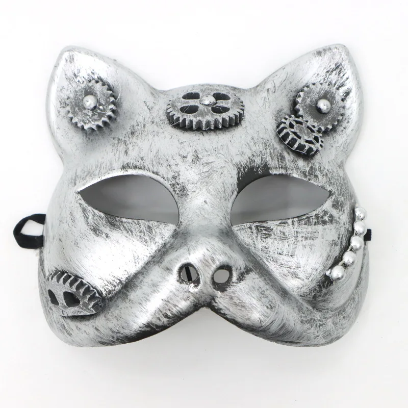 男性と女性のためのパンクスタイルのハーフフェイスマスク,コスプレ衣装,猫のフェイスマスク,装飾的な帽子,金と銀