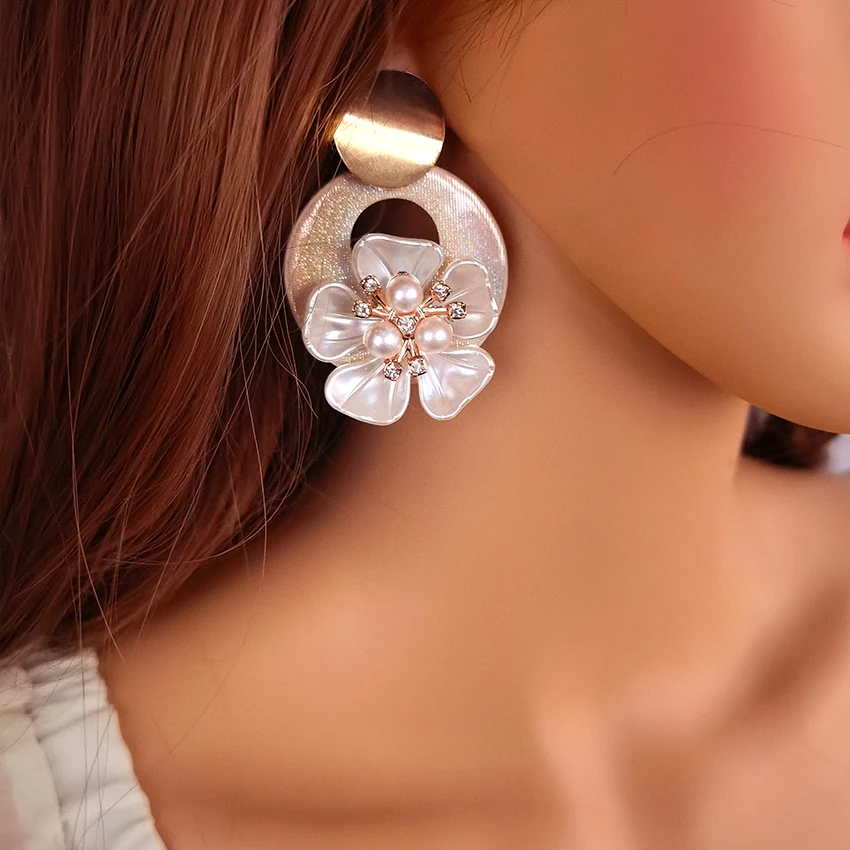 Office Career Big Pu Circle with Nice Pearl Flower Drop Earrings for Women Daily Wear Jewelry