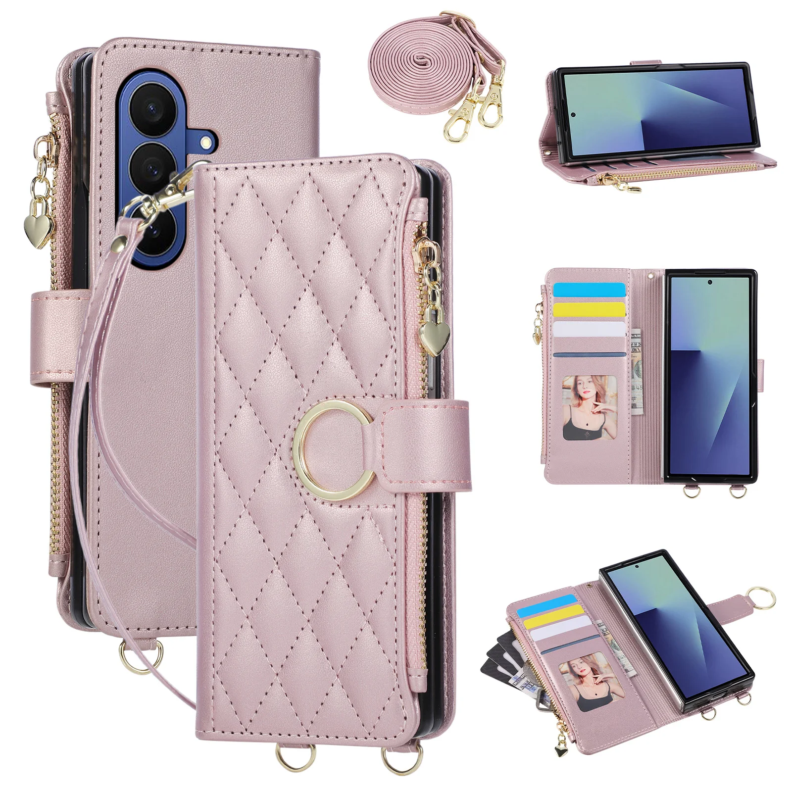Crossbody-Handgelenkriemen Reißverschluss-Geldbörse mit Kartenhalter Handyhülle für Samsung Galaxy Z Fold 7 6 5 4 Leder-Ständer Schutzhülle
