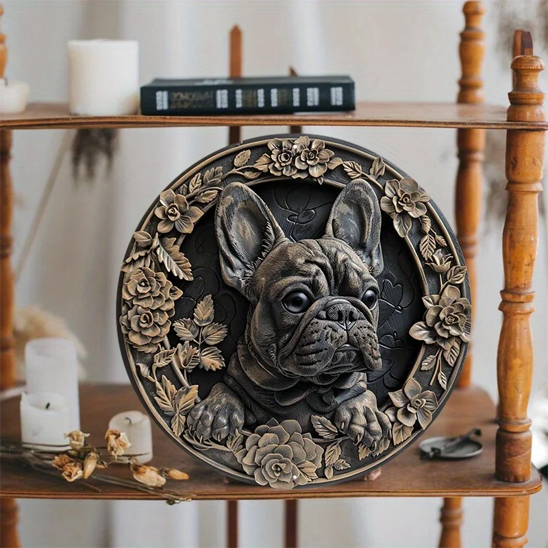 Aluminum Circular Metal Sign Plaque, Handmade French Bulldog Inlay, Wall Art, Home Decor, 8x8Inch, 1Pc