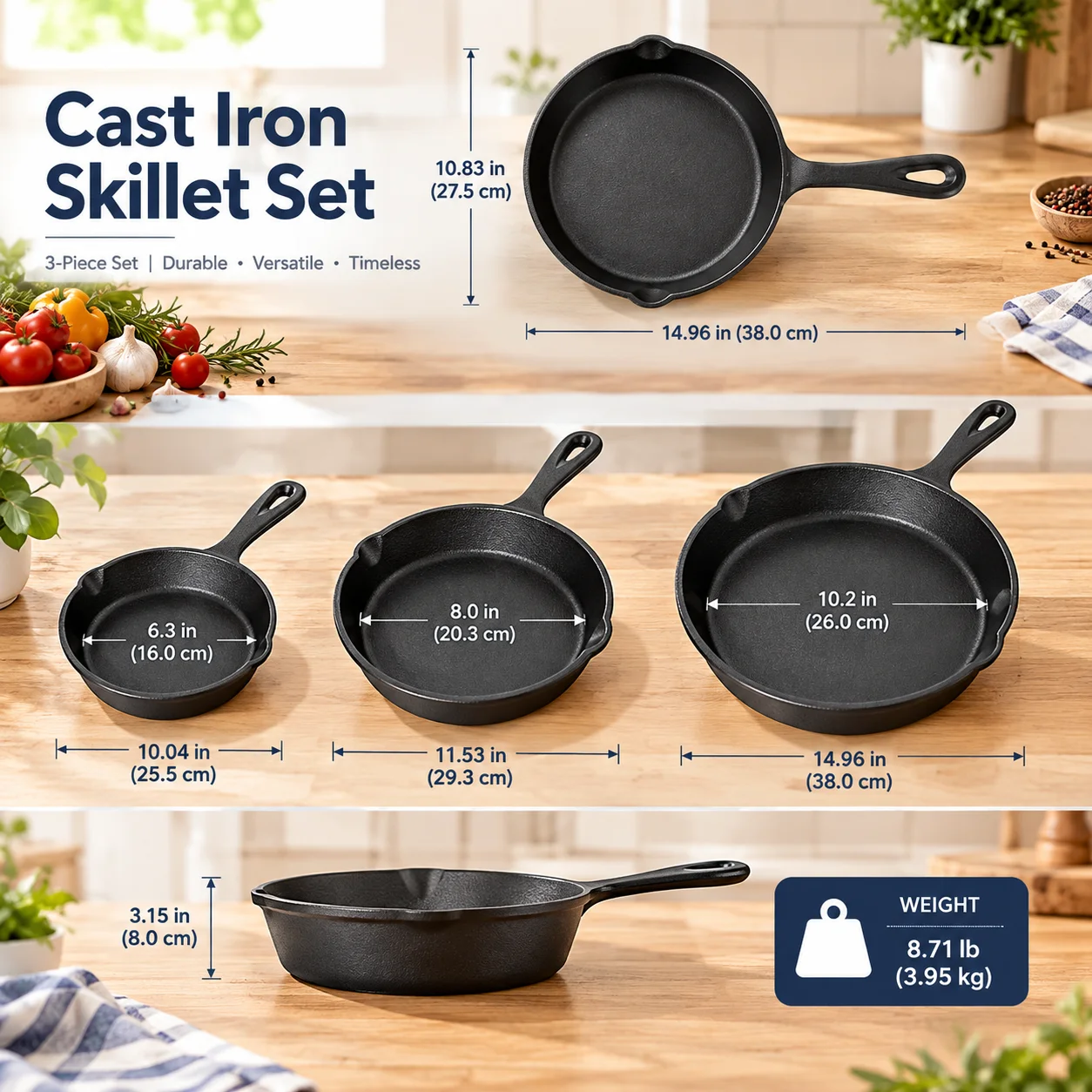 3-Piece Pre-Seasoned Cast Iron Skillet Set With Dual Pour Spouts And Assist Handles
