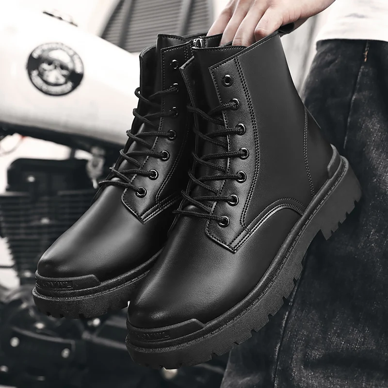 Brand Boots Autumn Winter New Leather Ankle Boots Men\'s Motorcycle Boots Lace Up Trend Short Boots Youth Round Toe Work Shoes