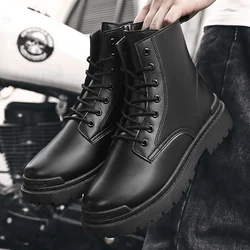 Bota de couro de motocicleta masculina, botas curtas com renda, sapatos de trabalho para jovens, nova marca, outono e inverno