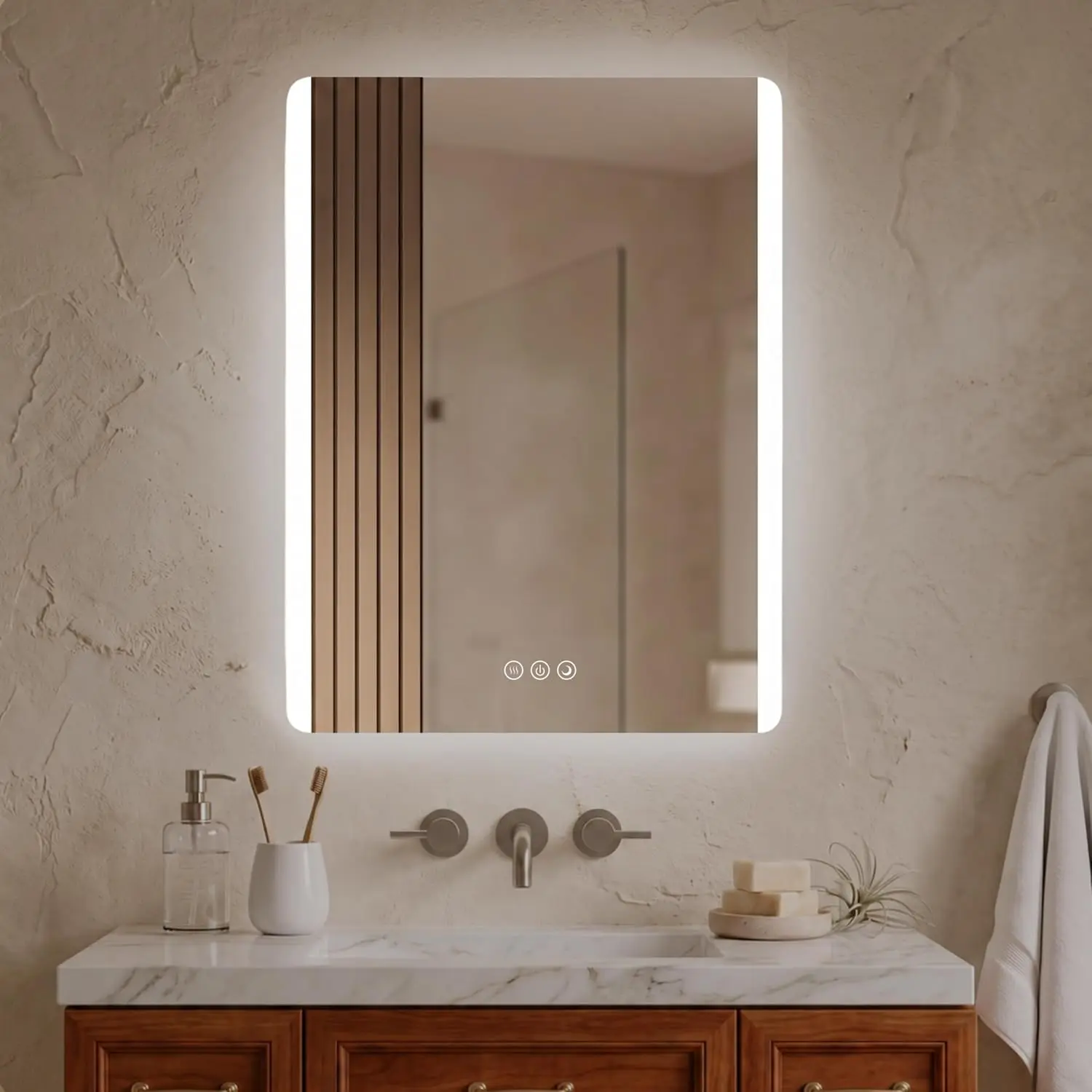 24x32 Inch Rectangle Front Backlit LED Bath Mirror Fogless Dimmable Frameless Memory Function Plug Hardwired Three Color Setting