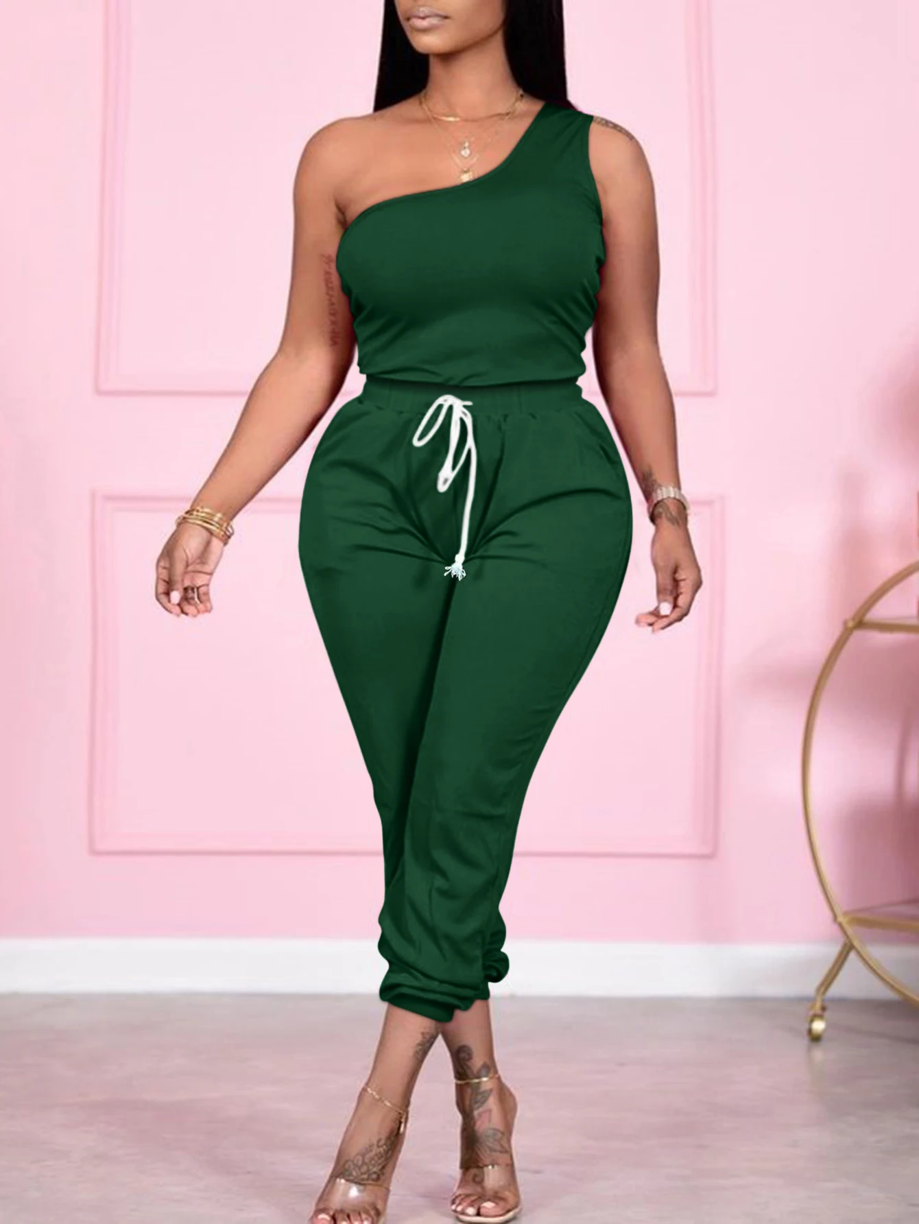 LW BASICS Plus Size Two pieces sets green One Shoulder Top + Drawstring Pants Set casual women\'s matching suit Elegant 2pcs set