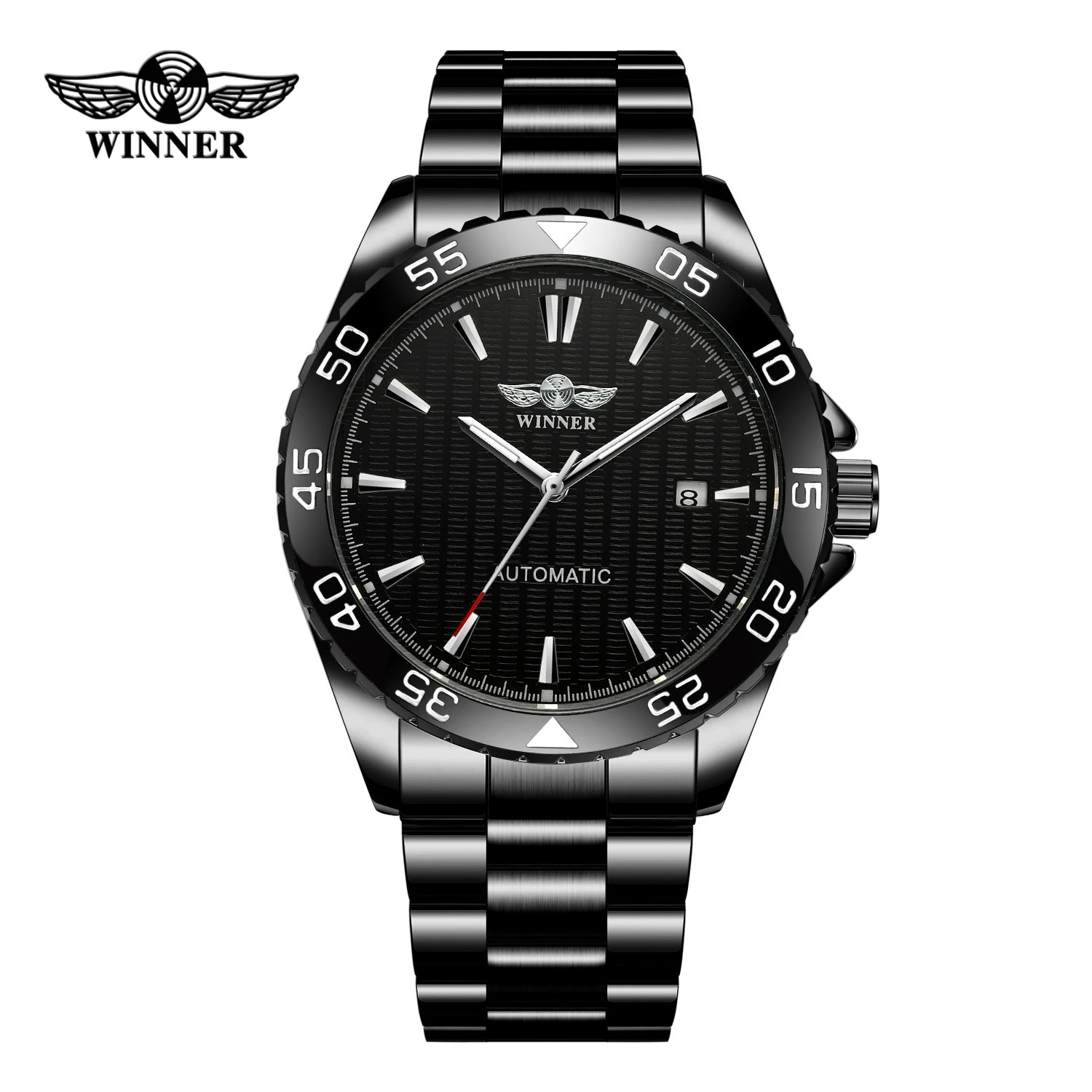 

Luxury WINNER Brand New Arrival Black Stainless Steel Strap Men's Hand Wind Mechanical Movement Watch Date Wristwatch Best Gift