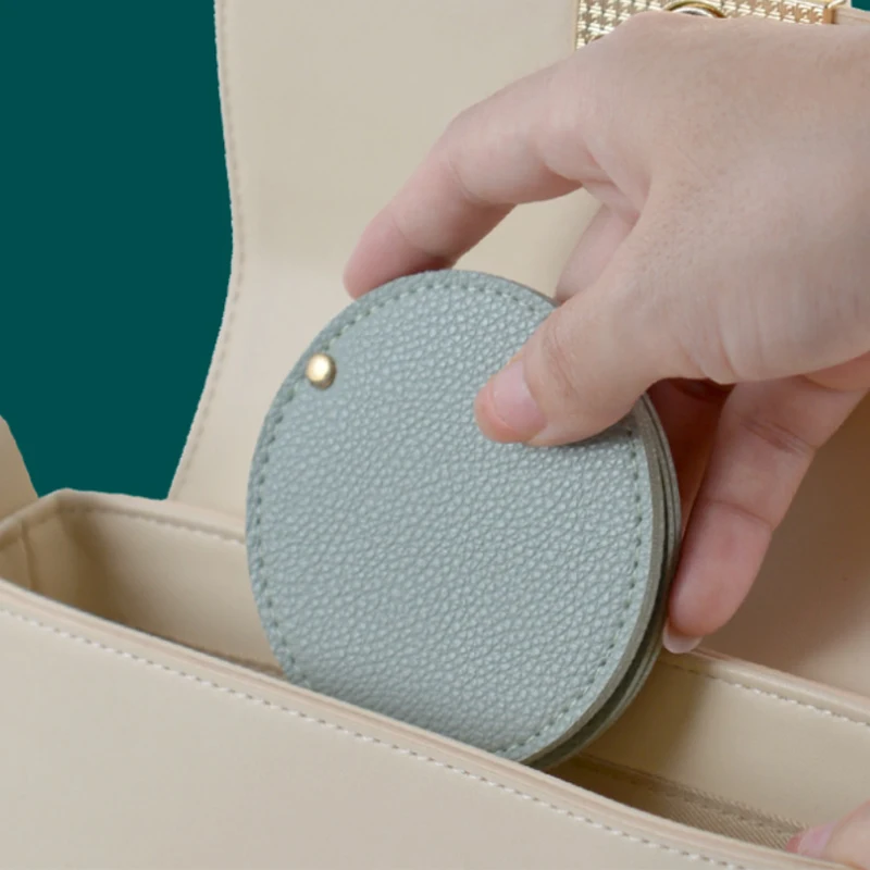 Miroirs compacts incassable en acier inoxydable, avec manchon en cuir PU, Mini miroir de maquillage Portable pour sac à main de poche de voyage