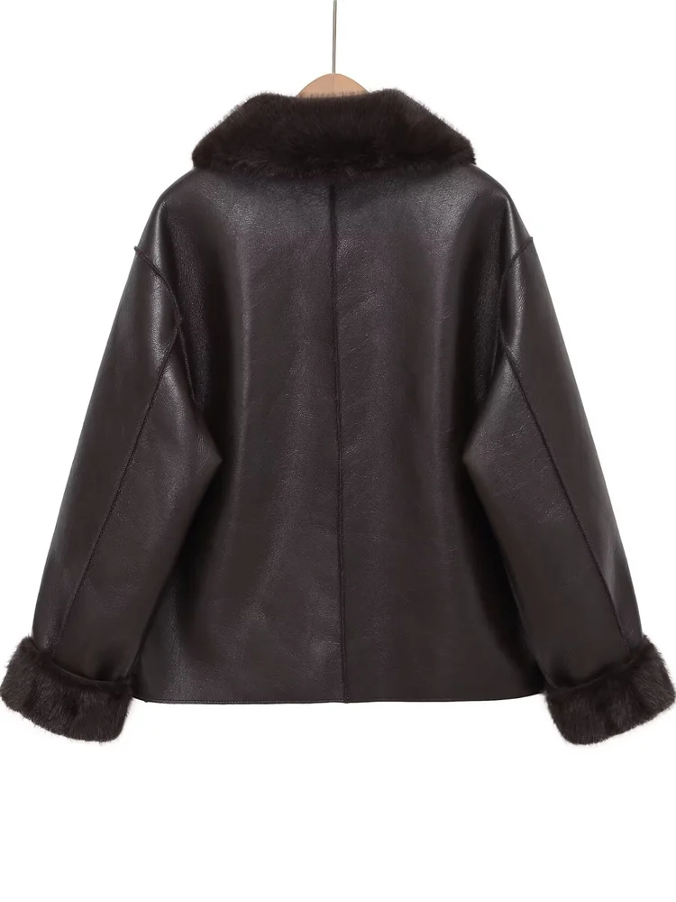 ملابس على الوجهين من الجلد الصناعي والفرو المتكامل فضفاض للنساء Jaet مجموعة شتوية جديدة عتيقة بأزرار طويلة Sve... #5
