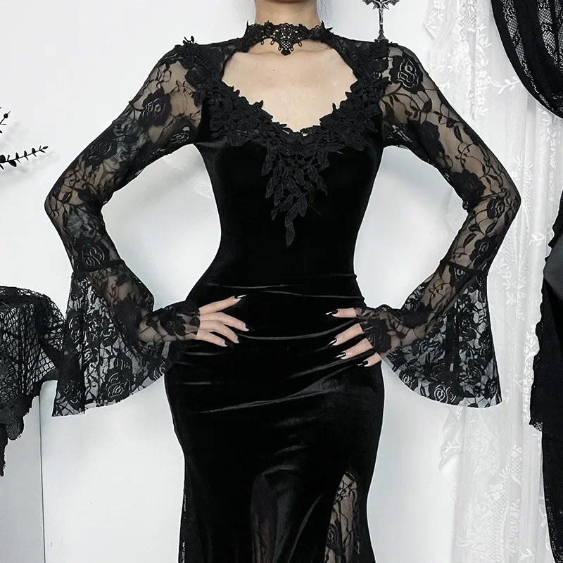 

Gothic Long Dress Women Vintage Y2k Lace Patchwork Dress See Through Flare Sleeve High Waist Clubwear Femme Clothes
