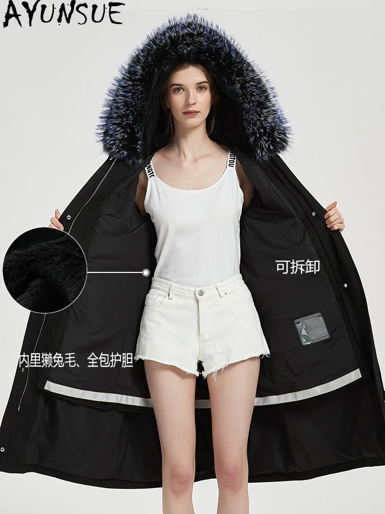 AYUNSUE Rex Rabbit Fur Parka Women 2025 Real Fur Coats Winter Clothes Mid-length Trench Coat Warm Fox Fur Collar Шуба Женская