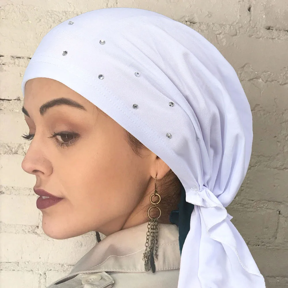 Fashion Rhinestone Decor Turban Hat Pre-Tied Solid Color Elastic Head Wraps Casual Skull Cap Beanies Chemo Cap For Women Muslim