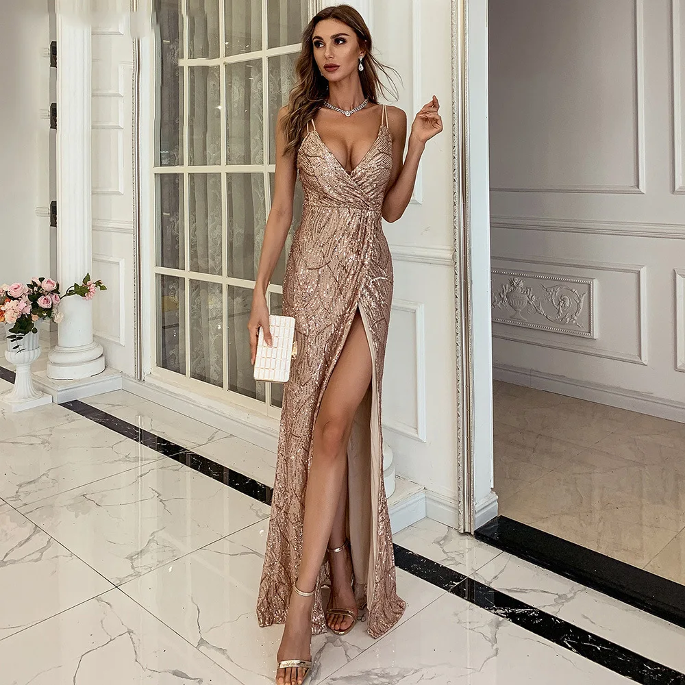 Sexy Strapless Prom Gold Sequin Party Evening Dress Women Solid Color Celebrity High V-Neck Sleeveless Split Backless Dress