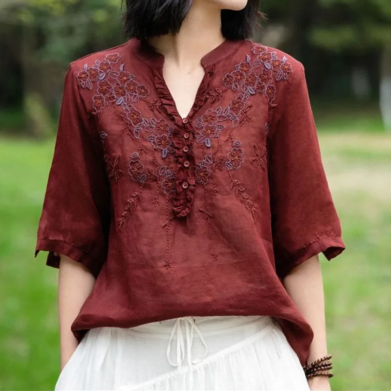 Female Embroidery Spliced Vintage V-Neck T-shirt Pullovers Summer Women\'s Clothing Casual Fashion Solid Color Half Sleeve Tops