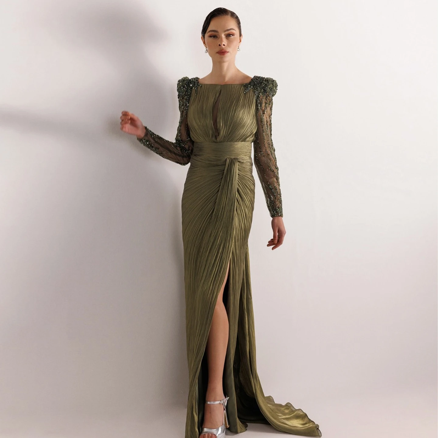 Sharon disse elegante verde oliva manga longa vestido de noite plissado frisado alta fenda vestidos de festa de casamento feminino sf410 personalizado