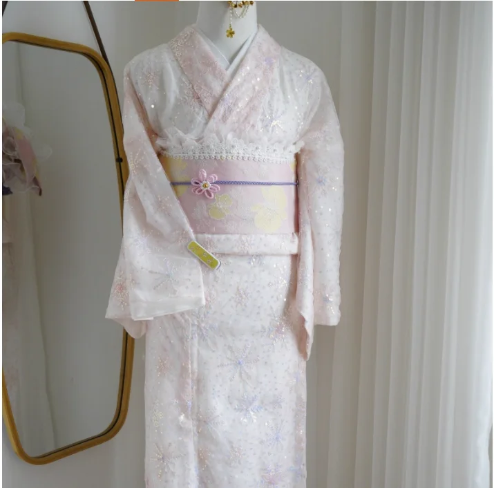 Japanese Traditional Formal women's Lace Small Pattern Kimono Birthday Dress