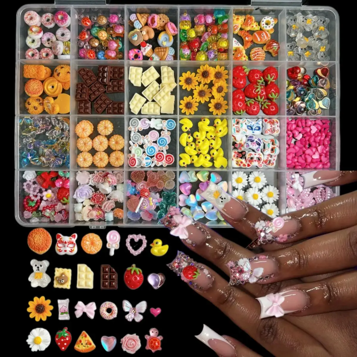 

1 Box Cute Cartoon Mixed Simulated Cookies Bread Chocolate Nail Charms Resin Bear Duck Butterfly Strawberry Nail Art Decoration