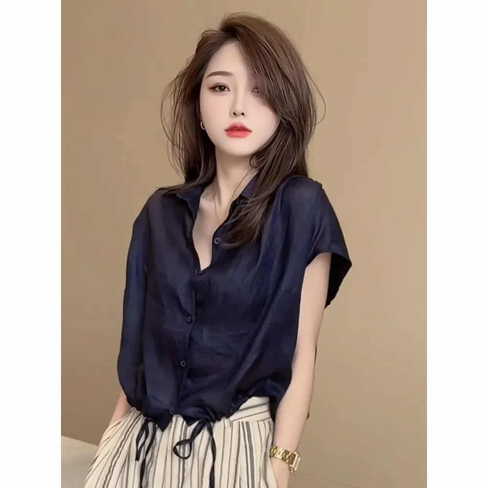 

Elegant Lightweight Drawstring Fashion Women's Blouse Loose Slimming Stylish Short Sleeve Shirt