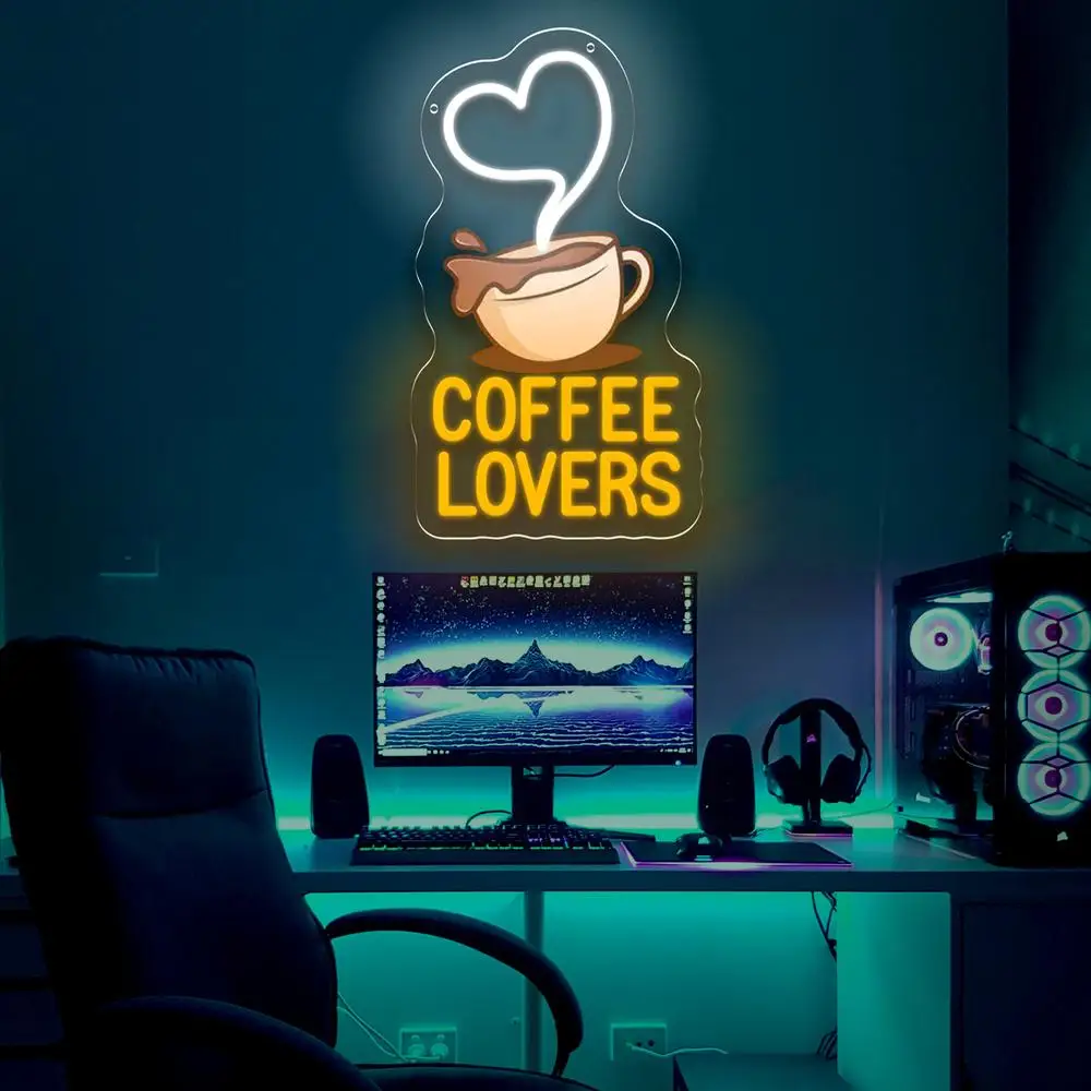 Coffee Lovers Neon Sign LED Wall Art USB Powered Acrylic Heart Steam Mug Glow Lamp Cafe Kitchen Breakfast Nook Warm Gift Decor