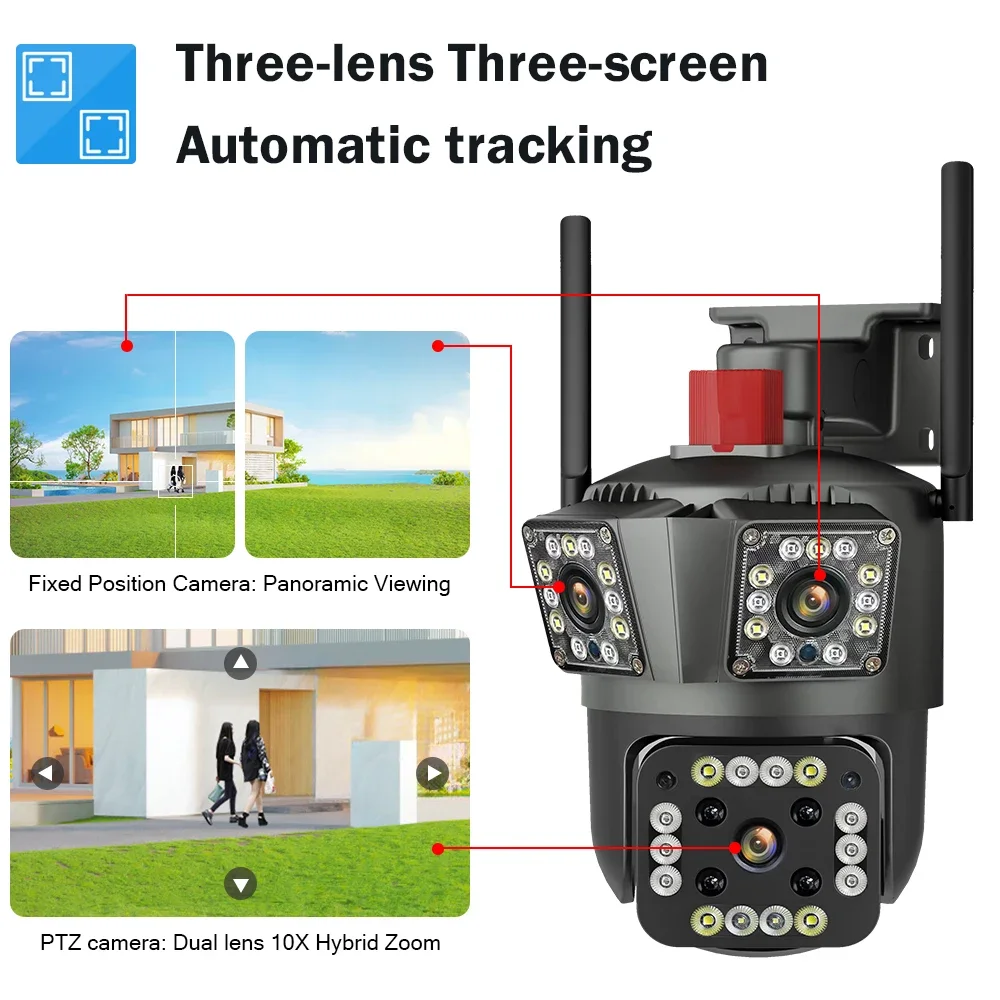 Legendsafe 12MP 6K WIFI IP Outdoor Camera Motion Tracking PTZ 4K Video Camera Three Lens Three Screen Waterproof Security System