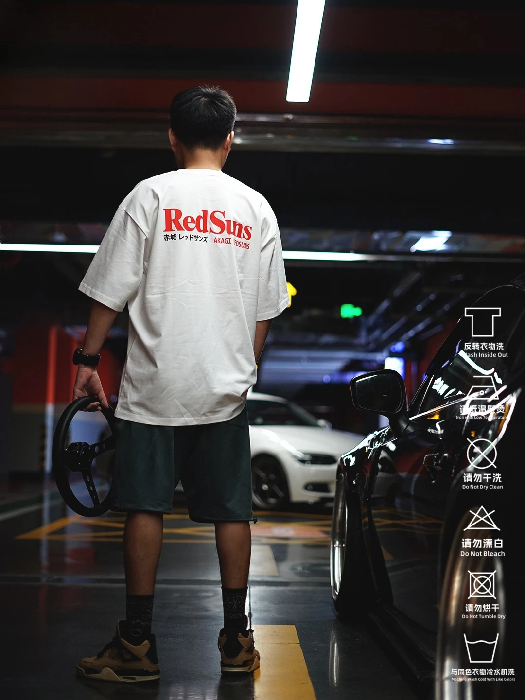 Men Vintage Initial D RedSuns Akagi Red Font Print T-shirt Drift Racing Loose Fit Cotton Casual Car Enthusiast Tops