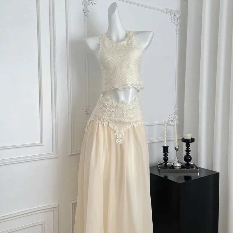 

High Quality Female Lace Sleeveless Vest Top High Waist Long Skirt Sets Women French Summer Sweet Girl Lady Two Piece Outfits