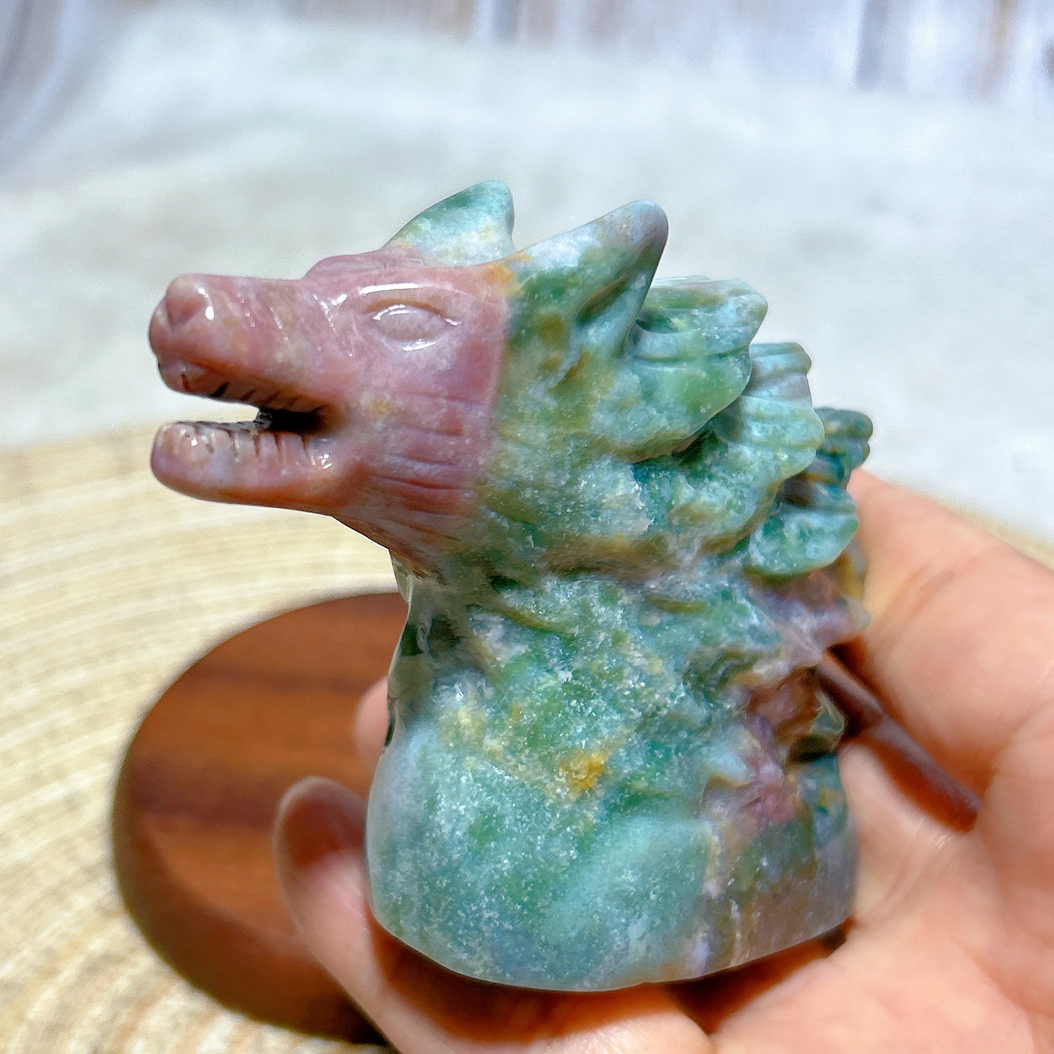 Healing Natural Crystal Ocean Jasper Wolf Head Carving Sculpture Gemstones Mineral Energy Reiki Home Decorations Gift