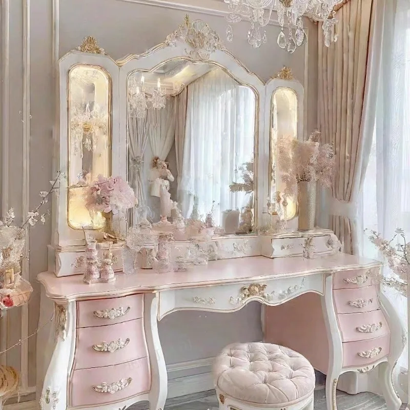 Export French carved dresser American country makeup table French retro solid wood dressing mirror bedroom furniture