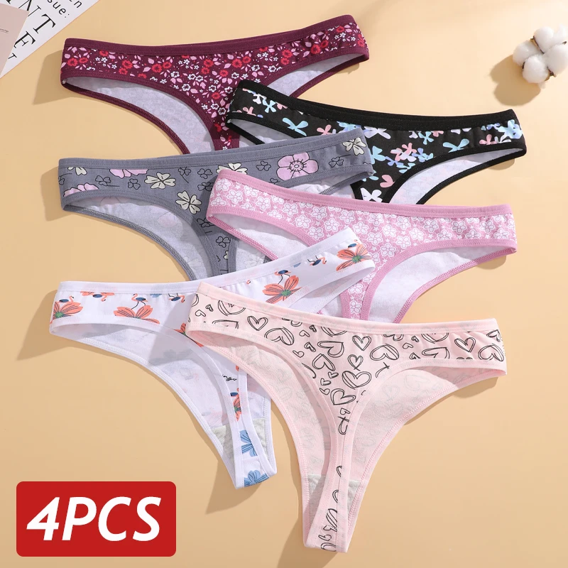 4Pcs/Set Women's Spring Autumn Cotton Printing Thongs Underwear Seamless Soft Comfortable Panties Female Sexy Intimate Lingerie