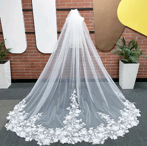 Chapel Length Wedding Veil Flower Lace Bridal Veil Ivory Wedding Veil Single Layer Lace Veil Floral Veil