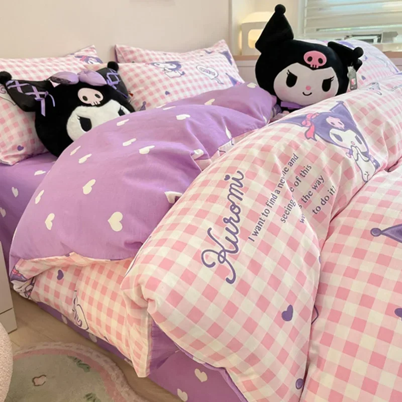 100%cotton Sanrio Quilt Cover Kuromi Cinnamoroll Hello Kitty My Melody Duvet Cover Bed Sheet Pillowcase Bedding Home Textile Gif