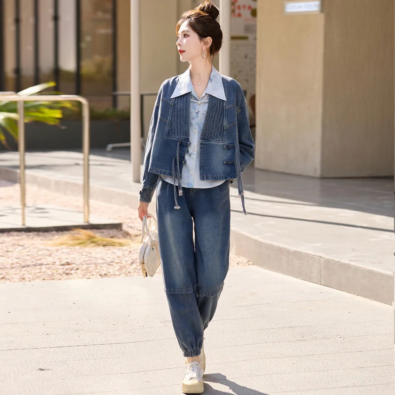 Three-piece Matching Sets Denim Suit Coat Jeans Women 2024 Spring Printed Shirts Jackets cropped ankle-tied Pants Fashion Slim