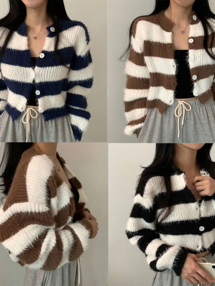 

Autumn Winter Striped Student Single Button Knitwear Jaet Women round Ne ort Sle Fem Top Quali Faion Design