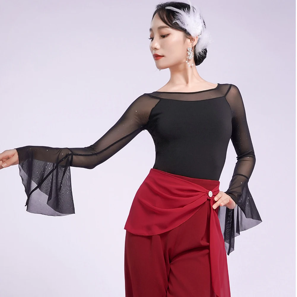 社交ダンス ラインダンス パープル ジャンプスーツ ワルツ 社交ダンス クルーネック レディース トップス ロータススリーブ セクシー ブラック 新品 インディゴ 長袖