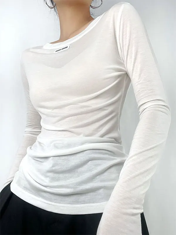 Spring Autumn Thin Transparent White Long Sleeve T-Shirt Women's Lazy Fashion Slim Fit round Neck Top UV Protection Casual Style