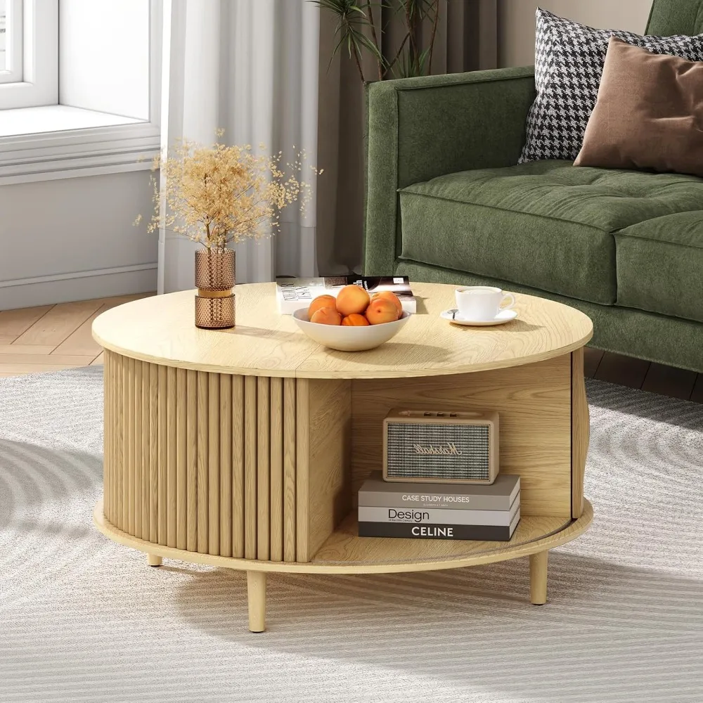 

Round Coffee Table with Storage,Mid Century Modern Coffee Table with Sliding Cabinet Door,Wood Coffee Table for Living Room