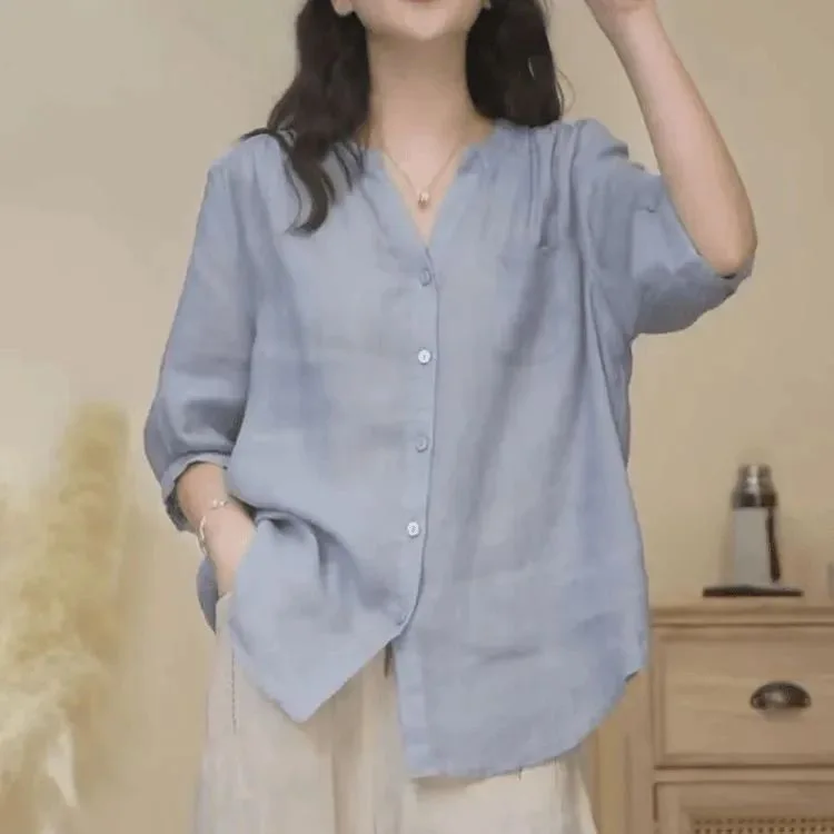 Camisa holgada de talla grande para mujer, camiseta minimalista de verano de color liso con cuello en V y rayas diagonales, m...