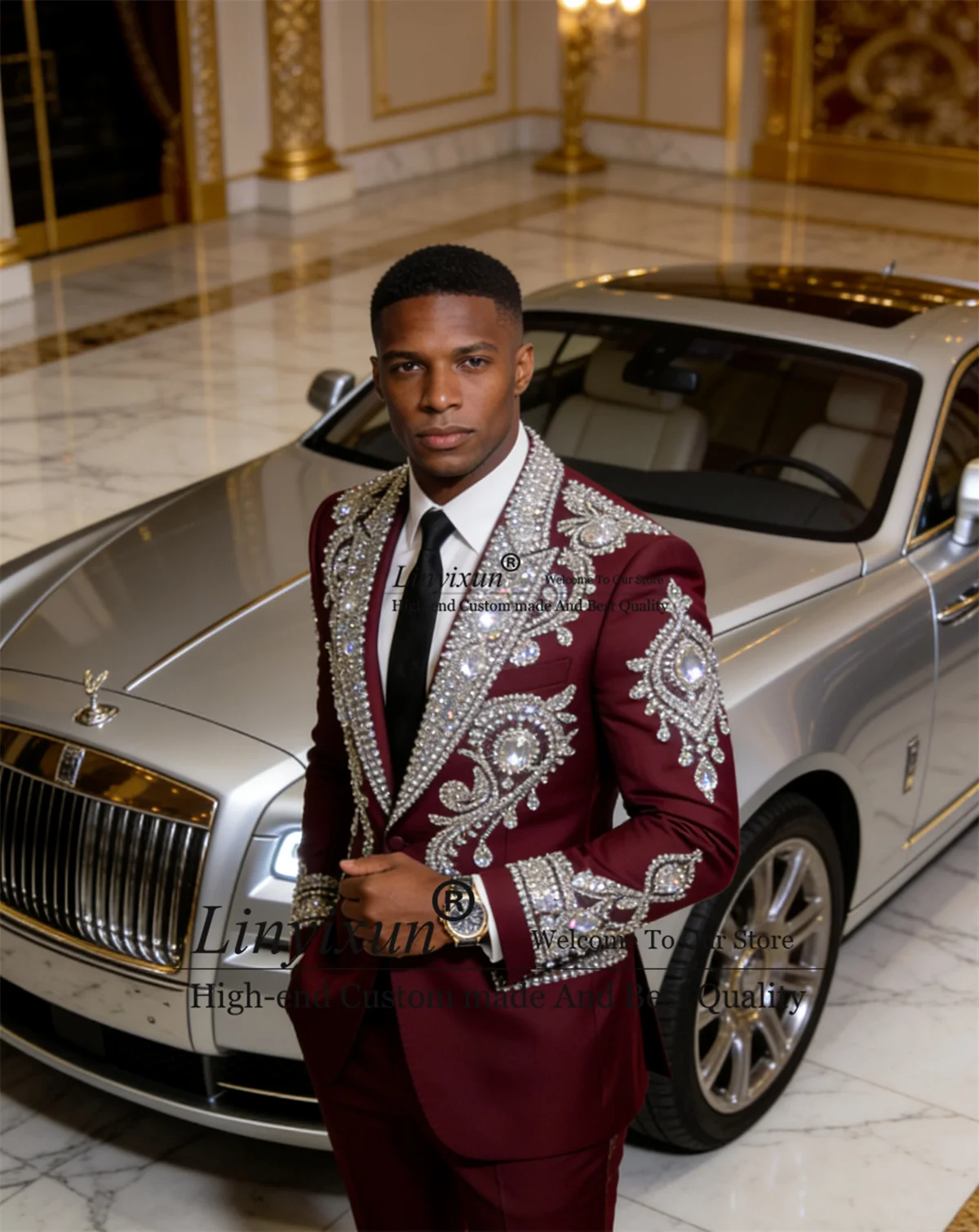 

Glitter Metallic Crystals Tuxedos Men Suits Customized Wedding Slim Fit Outfits Groom Male Blazers 2 Piece Sets Ropa Blazers