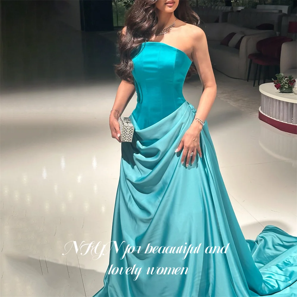 NFYN Teal Satin Party Dresses Strapless Sleeveless Evening Dresses A Line Prom Gown Pleated فساتين سهره Minimalist Customized image 2