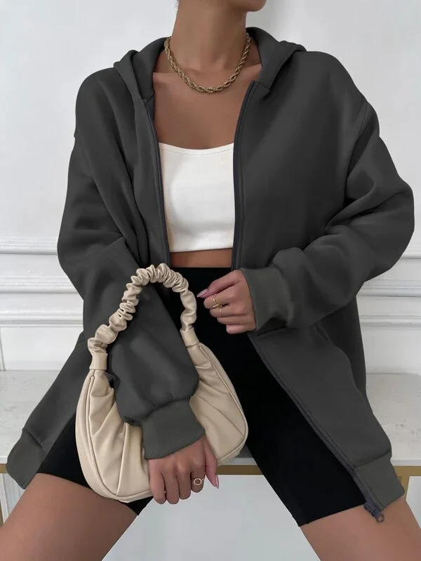 Damen-Kapuzenpullover mit soliden Taschen und durchgehendem Reißverschluss und überschnittener Schulter, modisches, lässiges Langarm-Kapuzenoberteil für Herbst- und Winter-Damenbekleidung