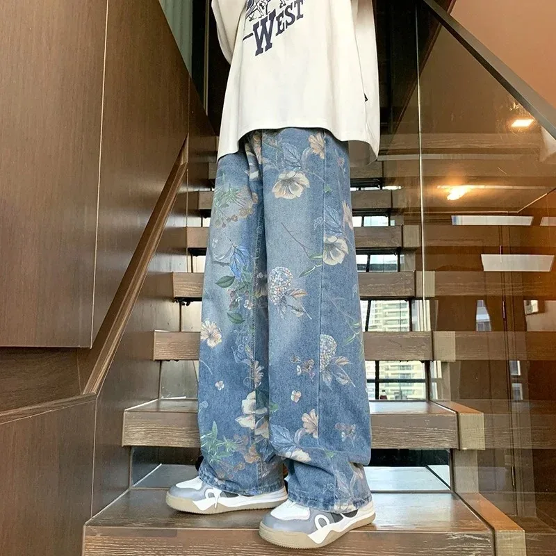

Autumn Floral Printed Jeans For Men 2026 New Y2K Vintage Denim Pants Hip Hop Fashion Wide-leg Baggy Jean Streetwear Trousers