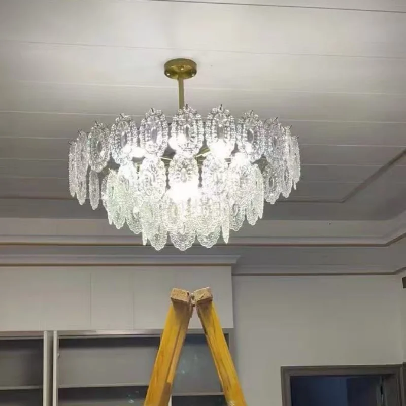 

French Cream Wind Pendant Lamp Modern Minimalist Art Lce-leaf Glass Chandelier For Living Room Dining Room American Bedroom Lamp