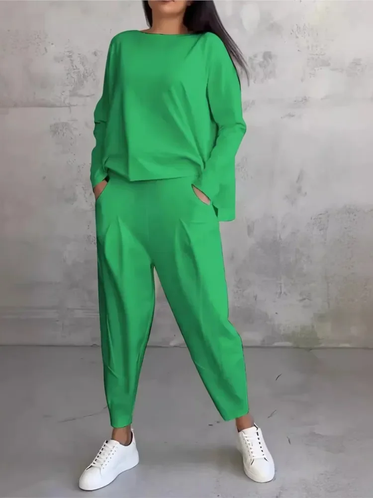 Conjunto de dos piezas para mujer, conjunto deportivo liso para primavera y otoño, nueva moda, pantalones bombachos holgados irregulares de manga larga