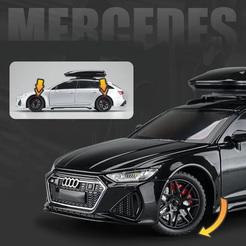 Audi RS6 Diecast Racing Car Model Toy, Puxar em miniatura, Portas de som e luz, Brinquedo openable, Presente para criança, 1:24