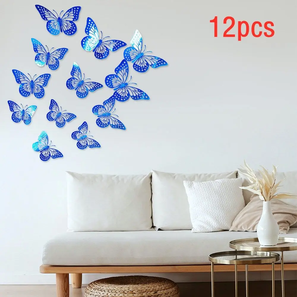 12pcs DIY Wedding Ornament Blue Black Butterfly Sticker 3D Hollow Home Decoration Wall Sticker